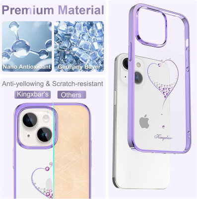   Луксозен твърд гръб оригинален KINGXBAR кристално прозрачен с камъни за Apple iPhone 14 Plus 6.7 / Apple iPhone 14 Max 6.7 сърце с лилав кант 